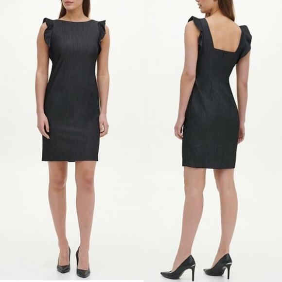 Calvin Klein Womens Ruffle Flutter Sleeve Sheath Dress Plus Size 16W Gray Career - Picture 1 of 9